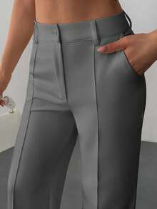 EURMUSE 高腰修身阔腿裤，正面接缝细节，及地喇叭裤设计，现代简约系列，时尚职业风格，中心压褶，正式场合裤装 - 淺灰色 - 查看 5