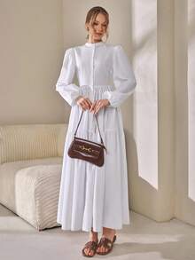 CLARA VERO 女士纯色梭织春夏外出装长裙纽扣衬衫裙灯笼长袖高领褶皱蓬蓬裙 - 白色 - 查看 7