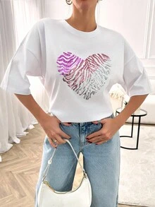 RueChic Casual Minimalist Sequin Heart Graphic Loose Fit Women Short Sleeve T-Shirt, Seasonal T-Shirt Woman