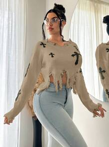 SHEIN SXY Autumn And Winter Tattered Wasteland Style Top White Cross Pattern Distressed Off-Shoulder Sweater Fall Clothes Women