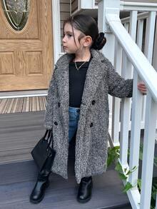 SHEIN Áo khoác dài cổ lông xù dệt kim cho bé gái, áo khoác lông cừu màu xám cho trẻ em, áo khoác lông gấu bông cho bé gái, áo khoác lông xù cho bé gái, áo khoác mùa thu đông. - Màu xám đen - Xem 6