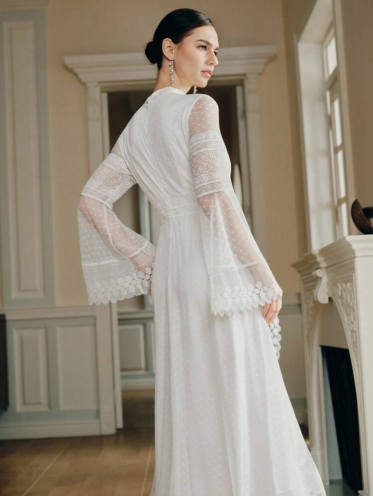 Elegant & Gentle Embroidered Polka Dot Lace Patchwork Long Sleeve Stand Collar Party Dress, Vacation Style