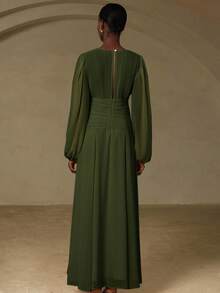 Aveloria Rosie Neues elegantes französisches Stil würdevolle Qualität Vintage Luxus hochwertige einfarbige Chiffon Rundhals Plissee asymmetrisches Raffung Taille Design ausgestelltes Damen Maxikleid mit Langarm - Dunkelgrün - Übersicht 2