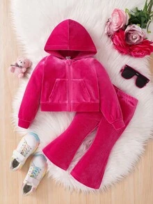 SHEIN Conjunto de 2 peças de moletom com capuz e calça flare de veludo com estampa de letras de strass, roupas fofas, casuais e vintage, ótimas para uso casual e diário e para a escola no verão e no outono, para o Natal