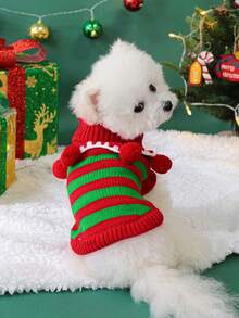 PETSIN 1 buah Sweater Natal Bergaris Merah dan Hijau untuk Hewan Peliharaan, Kucing dan Anjing Lucu Mengenakan Pakaian Hangat Musim Gugur dan Musim Dingin - Garis merah dan hijau - View 2