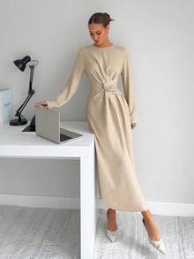 Siren Gaze Vestido midi elegante de manga larga con diseño retorcido y unicolor para mujer, vestido midi beige elegante, vestido midi de manga larga, vestido midi de color neutro, ropa de mujer para otoño, atuendo para volver al colegio, atuendo para concierto country, atuendo casual de negocios para mujer, atuendo de maestra, atuendo para cita nocturna, atuendo de cumpleaños, atuendo para brunch, ropa de mujer estilo occidental, atuendo casual de negocios, para todas las estaciones - Albaricoque - Ver 4