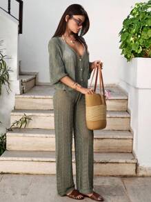 SHEIN Tall 女式高腰两件套钩针沙滩装套装 - 短袖纽扣上衣和高腰半身裙