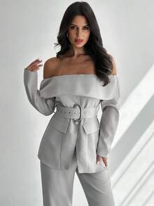 Women's Elegant Chic Romantic Casual Linen-Texture Off-Shoulder Long Sleeve Cinched Waist Metal Button Decor Blazer Jacket, Suitable For Autumn - Khaki - View 3