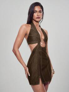 Denimoi Cut Out Halter Neck O-Ring Detail Denim Mini Dress - Brown - View 4