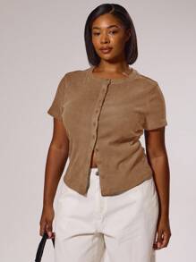 MUSERA 大码纽扣修身长袖上衣，春季优雅高贵度假可爱浪漫90年代Y2K节日风，春夏复活节 - 卡其色 - 查看 5