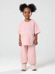 SUMWON Girls New York Athletics Varsity Logo T-Shirt Co-Ord Set Oversized Casual Wear Matching Two Piece Outfit Autumn Winter Collection - Pink - View 7