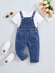 SHEIN 女婴可爱宽松蓝色牛仔背带裤秋冬装，街头酷炫风格牛仔服 - 深色水洗藍 - 查看 9