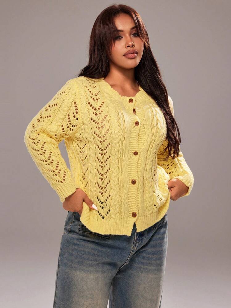 Rustia Plus Size Women Casual Crew Neck Single-Breasted Cable Knit Cardigan, Cream Yellow Fall Winter Cloth For Women Autumn - Yellow - View 5