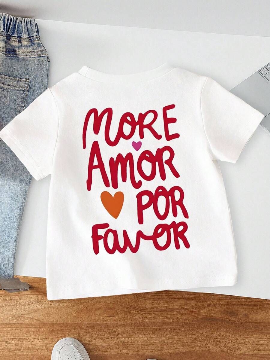 SHEIN 少女休闲标语印花短袖T恤，夏季