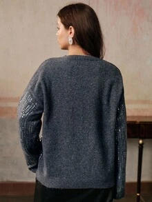 Anewsta Fashionable Design Heavily Embellished Sequin Embroidery Loose Crew Neck Plus Size Women Sweater, Suitable For Autumn, Fall, Winter, Going Out, Elegant, Formal, Party, Chic, New Year, Christmas, Work, Graduation, Wedding - Grey - View 7