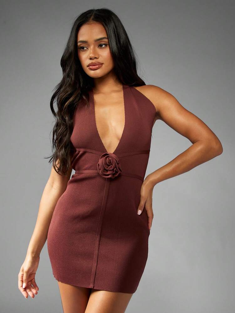 MISSGUIDED Halter Neck Bandage Mini Dress With Rose Detail