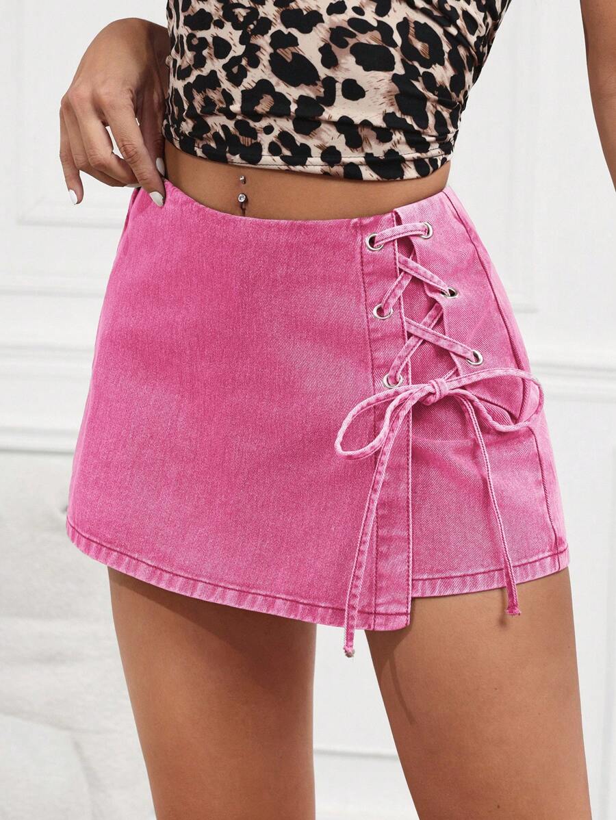 SHEIN Tall 女士时尚休闲牛仔短裙，侧孔系带设计 - 粉色 - 查看 1