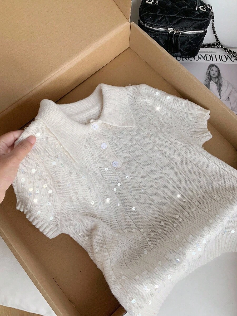 Comfortcana Maglietta casual a maniche corte in maglia con colletto polo e paillettes di colore unito per donna - Albicocca - Visualizzare 1