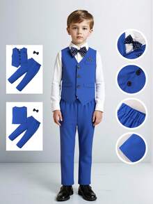 Conjunto de 3 piezas de traje casual elegante para niño pequeño para boda y eventos: chaleco de unicolor con ajuste ceñido + pantalón de traje casual + pajarita a lunares desmontable. Pañuelo de contraste decora el pecho y la pajarita - Azul - Ver 8