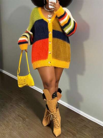 Slaydiva 2025 New Autumn And Winter Autumn/Winter New Dopamine Colorblock Thick Soft Comfortable Casual American Street Knit Cardigan Top Colorful Cardigan Women Color Block Cardigan Fuzzy Cardigan Striped Cardigan Yellow Cardigan Fall