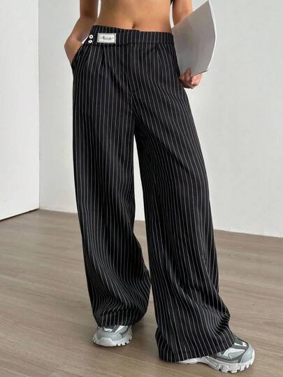 Aidyla 女装秋季条纹低腰不对称裤腰纽扣装饰返校办公室郊游韩版黑色西装阔腿裤