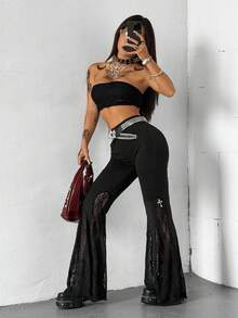 Coolane Quần ống loe ren đen Y2K phong cách Goth mùa thu hè mọi mùa dành cho nữ, trang phục Halloween Grunge, trang phục câu lạc bộ, trang phục dạ hội gợi cảm, đồng quê, buổi hòa nhạc - màu đen - Xem 4