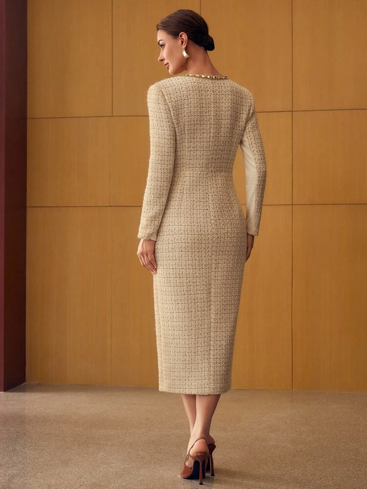 TWEED CONTRAST SEQUIN MIDI DRESS