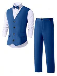 SHEIN 2pcs Teen Boys Gentleman Suit, Vest + Long Trousers, Elegant Outfit For Birthday Party, Wedding, Prom, Graduation, School, Campus, College - Navy Blue - View 6