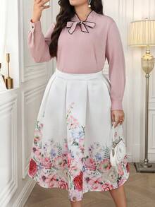 Ellevyn Multicolor Plus Size Woven Fabric Tie Neck Blouse And Plants Pattern Skirt Outfit - Multicolor - View 4