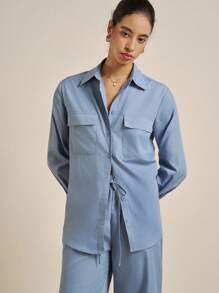 Airaco Bộ đồ 2 món đơn sắc tay dài, túi hộp một hàng khuy dành cho nữ - Màu xanh lam - Xem 6