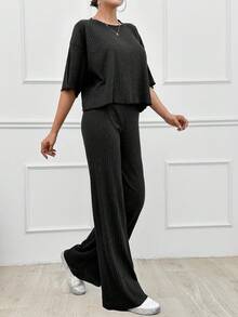 EURMUSE 纯棉简约夏季纯色宽松落肩短袖上衣和直筒裤