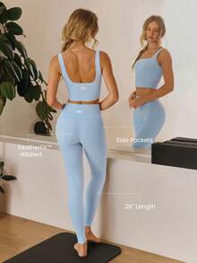 GLOWMODE 26" FeatherFit™-Ribbed No Front Seam Side Pockets High-Rise Waist Leggings Low Impact Yoga Pilates Studio Daily Casual Wear Fall Winter