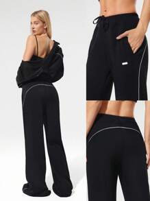 GLOWMODE SoftCalm Modal Silky-Smooth Comfy Drawstring Waist Relaxed Fit Contrast Color Leg-Lengthening Sweatpants With Side Pockets Casual Spring - Black - View 7