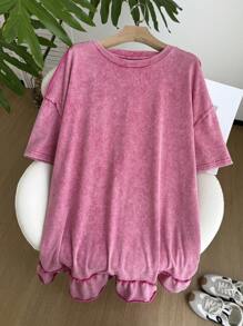 SHEIN Comfortcana Đầm thường ngày cổ tròn tay ngắn viền bèo nhún cỡ lớn mùa hè cho nữ - Màu Hồng Tươi - Xem 4