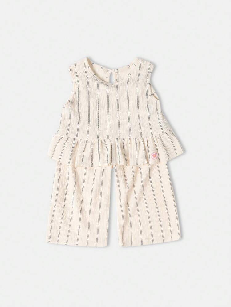 와이드 레그 팬츠와 스트라이프 페플럼 탱크탑