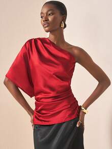 Zivah 20  Autumn/Winter New Styles For Birthday Parties, Back To School, Preppy Style, Student Wear, Everyday Outings, Basic And Versatile, Leisure, Vacation, Cruise, Beach, Seaside, Sunbathing, Influencer Hot Style, Street Style, Elegant, Commuter, Business Casual, One-Shoulder Asymmetrical Shoulder Mid-Length Sleeves, Side Gathering, Shiny Satin, Loose Fit, Reddish Brown, Summer Tops, Women's Tops And Shirts - Redwood - View 3