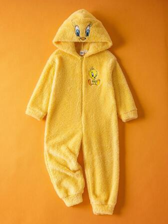 LOONEY TUNES X SHEIN Young Girl Cartoon Embroidered Yellow Plush Zip Front Long Sleeve Hooded Plush Jumpsuit Fall Winter