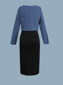 Sweetra 大码罗纹不对称设计上衣 + 细肩带褶皱开叉撞色连衣裙两件套，秋冬 - 彩色 - 查看 2