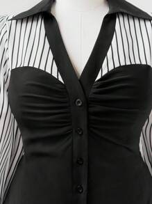 Sunspun 大码条纹撞色长袖修身休闲衬衫，适合上学、工作、优雅约会和聚会 - 黑色 - 查看 3