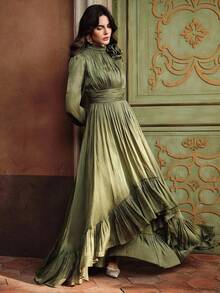 Anewsta 女式优雅 3D 花卉高领长灯笼袖荷叶边下摆高低连衣裙，秋季 - 綠色 - 查看 6