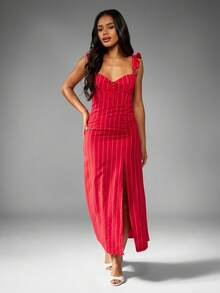 MISSGUIDED Vestido midi de lino con volantes en los hombros, escote de corazón, abertura lateral, a rayas, para verano, primavera, vacaciones, resort, uso nocturno y fiestas