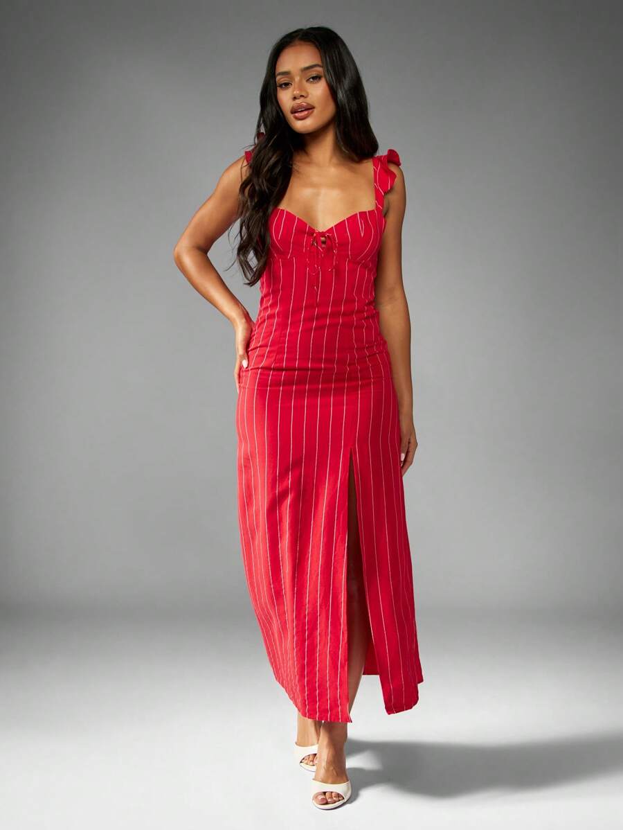 MISSGUIDED Vestido midi de lino con volantes en los hombros, escote de corazón, abertura lateral, a rayas, para verano, primavera, vacaciones, resort, uso nocturno y fiestas