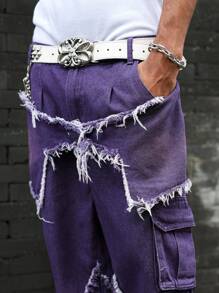 Manfinity EMRG Men's Simple Button Front Pocket Frayed Hem Casual Denim Jeans - Purple - View 5