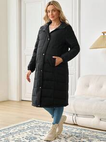 SHEIN 孕妇纯色长袖拉链长款连帽休闲冬季夹克 - 黑色 - 查看 5