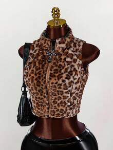 Amplova Women's Leopard Print Fleece Zip-Up Sleeveless Jacket, Autumn/Winter