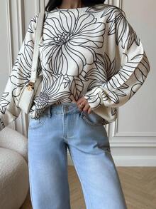 Firerie Suéter casual feminino com estampa floral e gola redonda para outono/inverno - Damasco - Ver 6