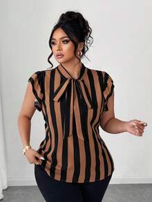 Elenzga Plus Size Casual/Office Black & White Striped Tie Sleeve Design Blouse - Multicolor - View 2