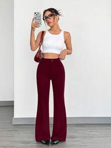 SHEIN EZwear Pantalones acampanados de cintura alta ajustados de color rojo vino - Burdeos - Ver 3