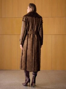 MOTF PREMIUM DOUBLE BREASTED BELTED FAUX FUR COAT - Mocha Brown - View 5