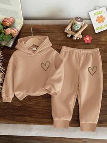 Baby Girl Cute Minimalist Hand-Drawn Heart Pattern Beige Knit Soft Hooded Loose Fit Long Sleeve Sweatshirt And Pants Set, Suitable For Autumn/Winter Fall - Khaki - View 1